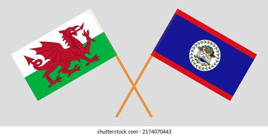 Crossed flags of Wales and Belize. Official colors. Correct proportion. Vector illustration