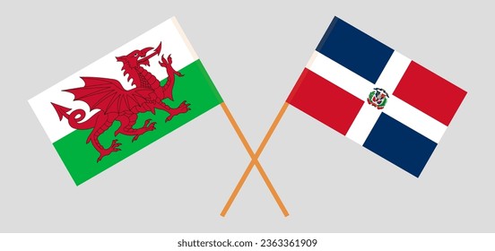 Crossed flags of Wales and Dominican Republic. Official colors. Correct proportion. Vector illustration
