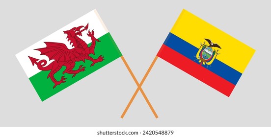 Crossed flags of Wales and Ecuador. Official colors. Correct proportion. Vector illustration
