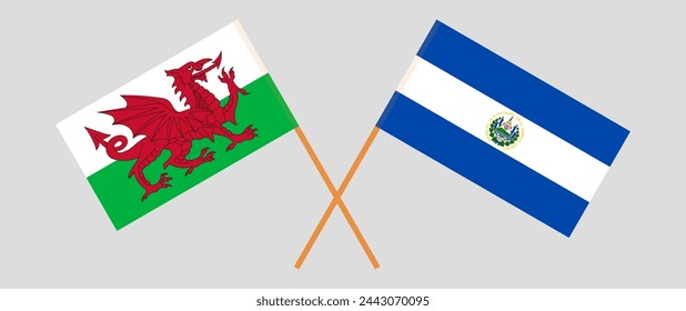 Crossed flags of Wales and El Salvador. Official colors. Correct proportion. Vector illustration
