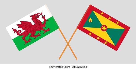 Banderas cruzadas de Gales y Granada. Colores oficiales. Proporción correcta. Ilustración del vector
