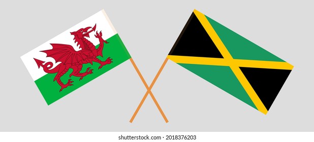 Crossed flags of Wales and Jamaica. Official colors. Correct proportion