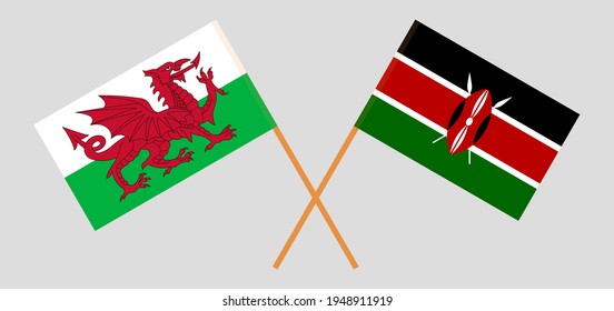 Crossed flags of Wales and Kenya. Official colors. Correct proportion