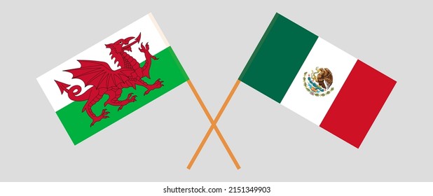 Crossed flags of Wales and Mexico. Official colors. Correct proportion. Vector illustration
