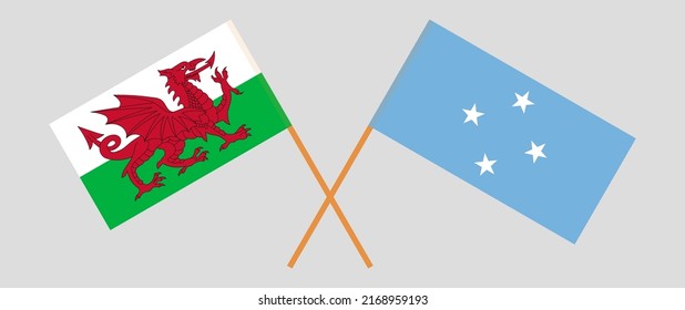 Crossed flags of Wales and Micronesia. Official colors. Correct proportion. Vector illustration

