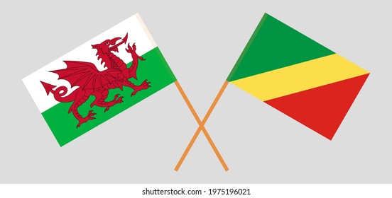Crossed flags of Wales and Republic of the Congo. Official colors. Correct proportion