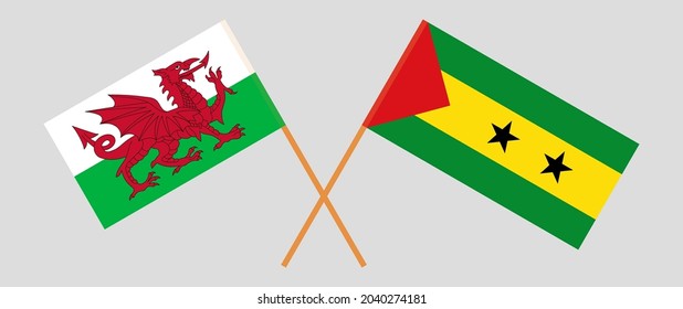 Crossed flags of Wales and Sao Tome and Principe. Official colors. Correct proportion