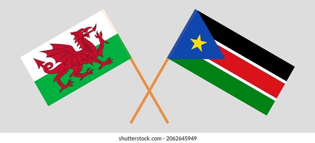 Crossed flags of Wales and South Sudan. Official colors. Correct proportion