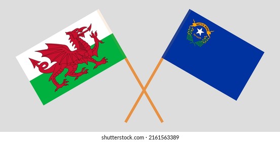 Crossed flags of Wales and The State of Nevada. Official colors. Correct proportion