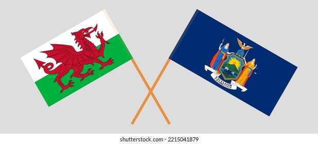 Crossed flags of Wales and The State of New York. Official colors. Correct proportion. Vector illustration

