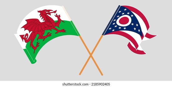 Banderas cruzadas de Gales y el Estado de Ohio. Colores oficiales. Proporción correcta. Ilustración del vector
