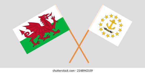 Crossed flags of Wales and the State of Rhode Island. Official colors. Correct proportion. Vector illustration
