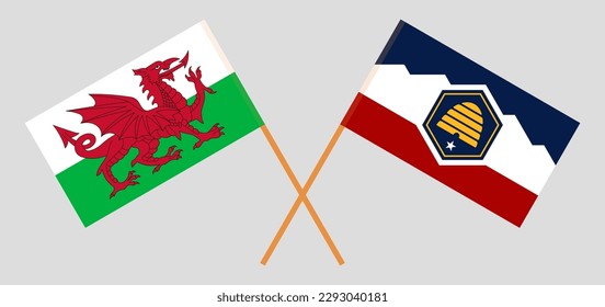 Crossed flags of Wales and The State of Utah. Official colors. Correct proportion. Vector illustration
