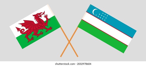 Crossed flags of Wales and Uzbekistan. Official colors. Correct proportion