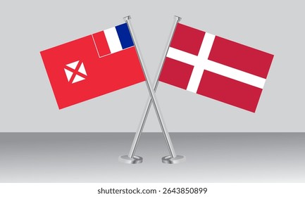 Bandeiras cruzadas de Wallis e Futuna e Dinamarca. Cores oficiais. Proporção correta. Design de banner