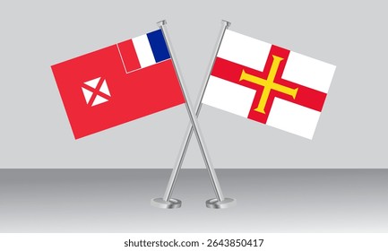 Bandeiras cruzadas de Wallis e Futuna e Guernsey. Cores oficiais. Proporção correta. Design de banner