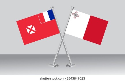 Bandeiras cruzadas de Wallis e Futuna e Malta. Cores oficiais. Proporção correta. Design de banner