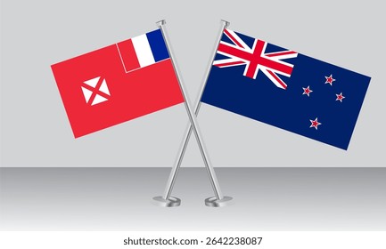 Crossed flags of Wallis and Futuna and New Zealand. Official colors. Correct proportion. Banner design