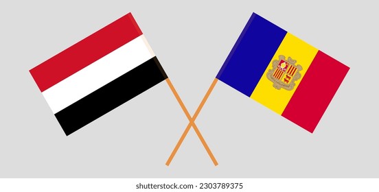 Crossed flags of Yemen and Andorra. Official colors. Correct proportion. Vector illustration
