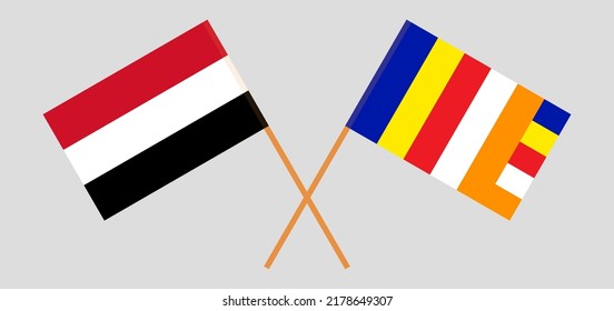 Crossed flags of Yemen and Buddhism. Official colors. Correct proportion. Vector illustration
