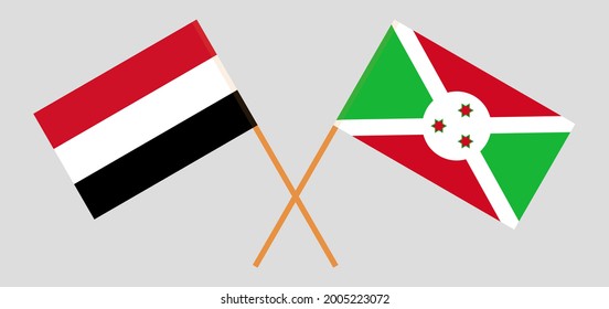 Crossed flags of Yemen and Burundi. Official colors. Correct proportion