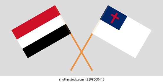 Banderas cruzadas de Yemen y cristiandad. Colores oficiales. Proporción correcta. Ilustración del vector