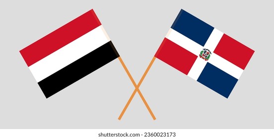 Crossed flags of Yemen and Dominican Republic. Official colors. Correct proportion. Vector illustration
