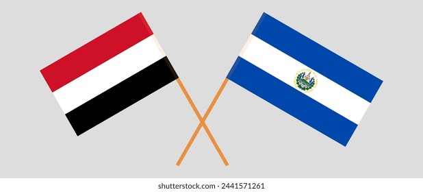 Crossed flags of Yemen and El Salvador. Official colors. Correct proportion. Vector illustration
