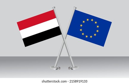 Crossed flags of Yemen and European Union (EU). Official colors. Correct proportion. Banner design