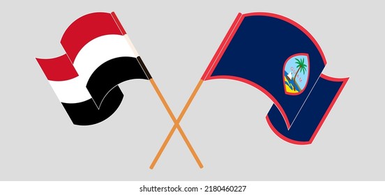 Crossed flags of Yemen and Guam. Official colors. Correct proportion. Vector illustration
