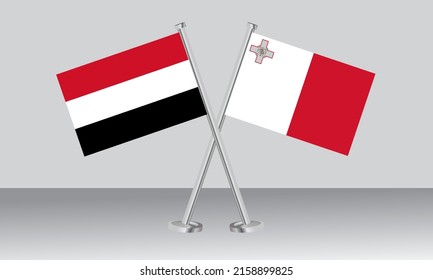 Crossed flags of Yemen and Malta. Official colors. Correct proportion. Banner design