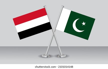 Crossed flags of Yemen and Pakistan. Official colors. Correct proportion. Banner design