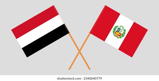 Crossed flags of Yemen and Peru. Official colors. Correct proportion. Vector illustration
