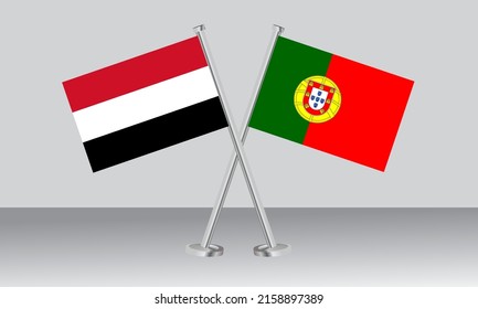 Crossed flags of Yemen and Portugal. Official colors. Correct proportion. Banner design