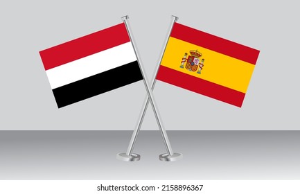 Crossed flags of Yemen and Spain. Official colors. Correct proportion. Banner design