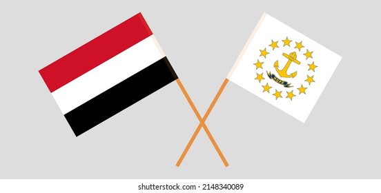 Crossed flags of Yemen and the State of Rhode Island. Official colors. Correct proportion. Vector illustration
