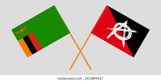 Crossed flags of Zambia and anarchy. Official colors. Correct proportion. Vector illustration
