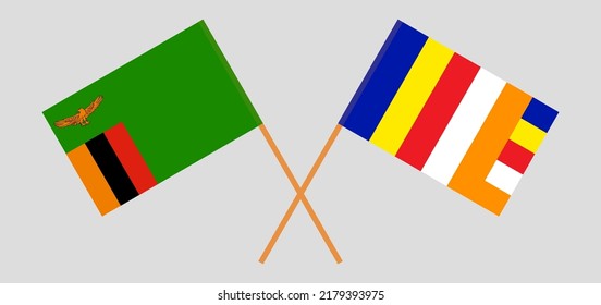 Crossed flags of Zambia and Buddhism. Official colors. Correct proportion. Vector illustration
