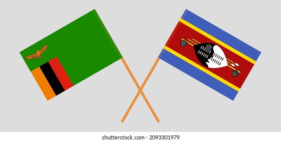 Crossed flags of Zambia and Eswatini. Official colors. Correct proportion