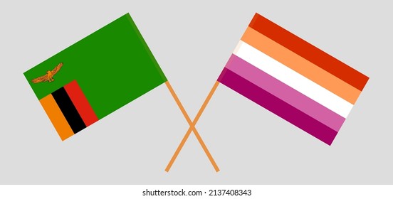 Crossed flags of Zambia and Lesbian Pride. Official colors. Correct proportion. Vector illustration
