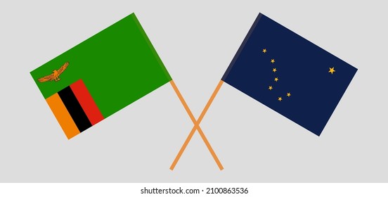 Crossed flags of Zambia and the State of Alaska. Official colors. Correct proportion. Vector illustration
