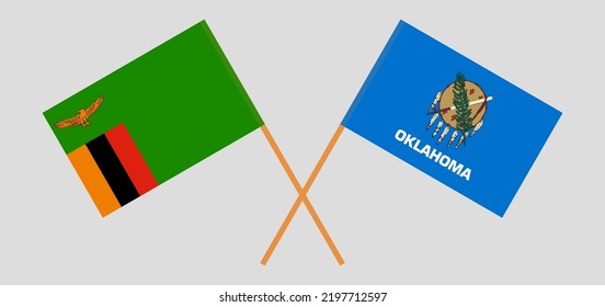 Crossed flags of Zambia and The State of Oklahoma. Official colors. Correct proportion. Vector illustration
