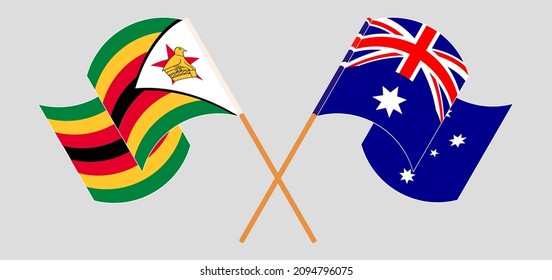 Crossed flags of Zimbabwe and Australia. Official colors. Correct proportion. Vector illustration
