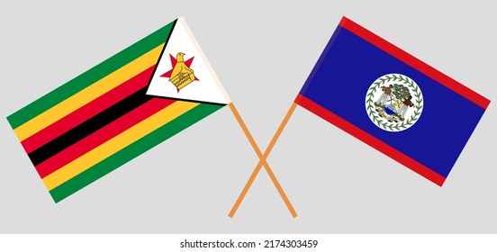 Crossed flags of Zimbabwe and Belize. Official colors. Correct proportion. Vector illustration

