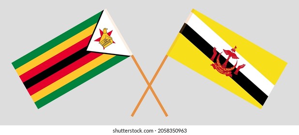 Crossed flags of Zimbabwe and Brunei. Official colors. Correct proportion