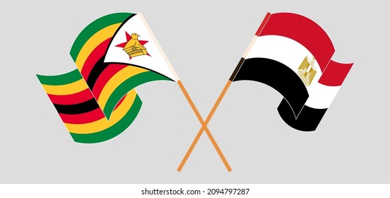 Banderas cruzadas de Zimbabue y Egipto. Colores oficiales. Proporción correcta. Ilustración del vector
