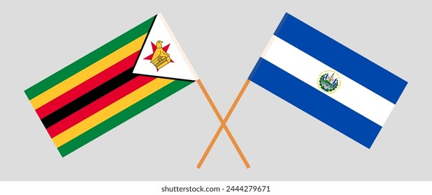 Crossed flags of Zimbabwe and El Salvador. Official colors. Correct proportion. Vector illustration
