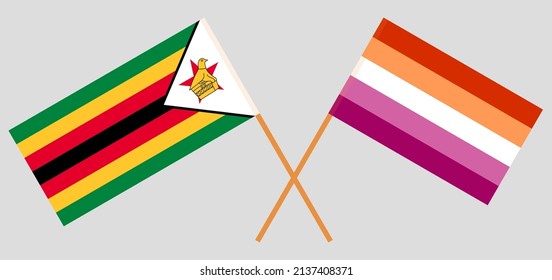 Crossed flags of Zimbabwe and Lesbian Pride. Official colors. Correct proportion. Vector illustration
