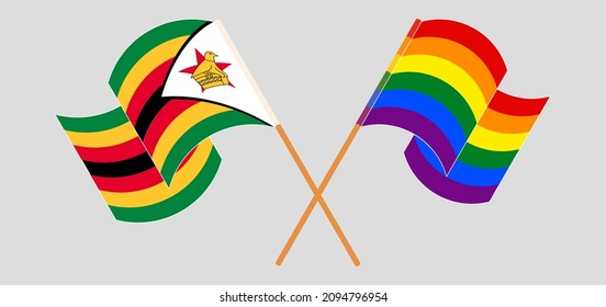 Crossed flags of Zimbabwe and LGBTQ. Official colors. Correct proportion. Vector illustration
