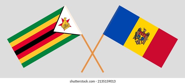 Crossed flags of Zimbabwe and Moldova. Official colors. Correct proportion. Vector illustration
